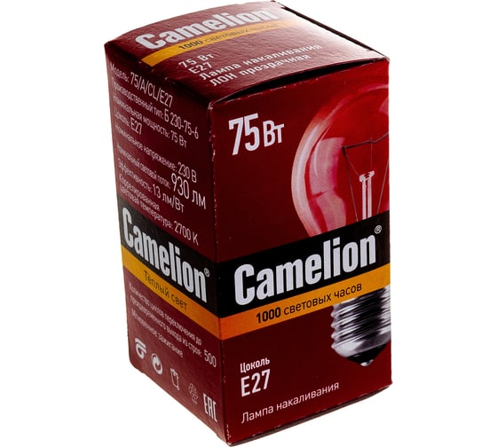 Электрическая лампа накаливания с прозрачной колбой Camelion 75/A/CL/E27,7278