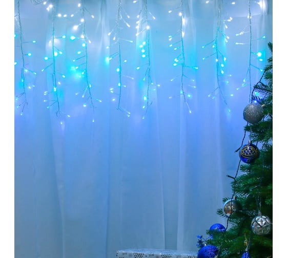 Электрическая гирлянда LED Сноубум мишура бахрома 168LED 1.5x0.4м бел аква голубой 8 реж 220В 382-045
