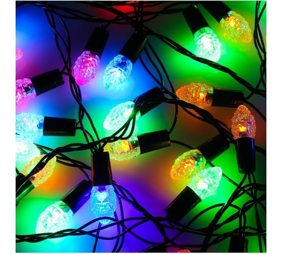 Электрическая гирлянда LED Сноубум нить с насадкой шишка 10м, 100LED, мульти, 8 реж, ПВХ черный, 220В 351-517