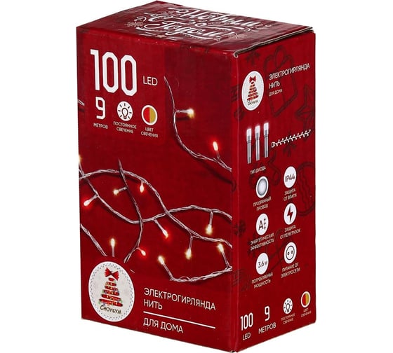 Электрическая гирлянда Сноубум вьюн 9м, 100LED, красный+золотой, постоянное свечение, ПВХ, прозрачный, 220В 384-146