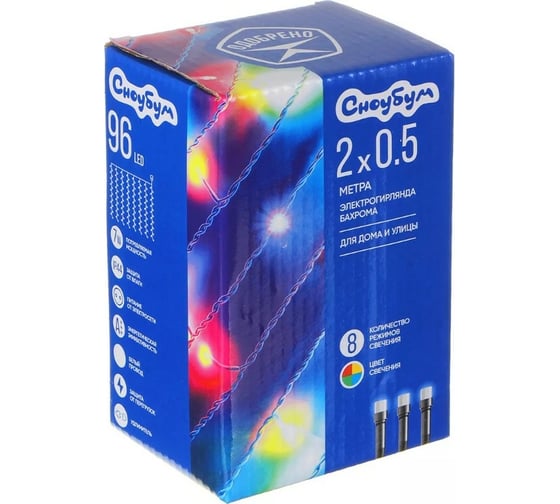 Электрическая гирлянда Сноубум бахрома 96LED 2x0 5м 16 нитей мульти 8 режимов, белый коннектор 220В 351-483