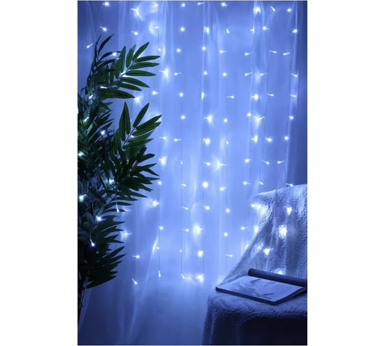 Электрическая гирлянда LED Сноубум занавес 1.5x1.5м 150LED белый 10 нитей пост свеч прозр 220В 382-077