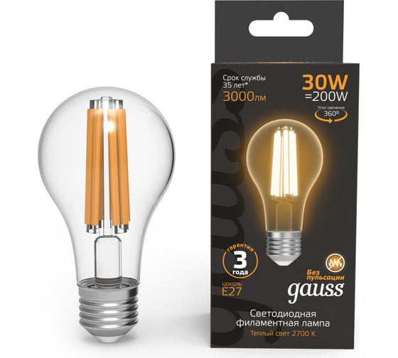 Лампа Gauss Filament А70 30W 3000lm 2700К Е27 LED 1/10/40 102902130