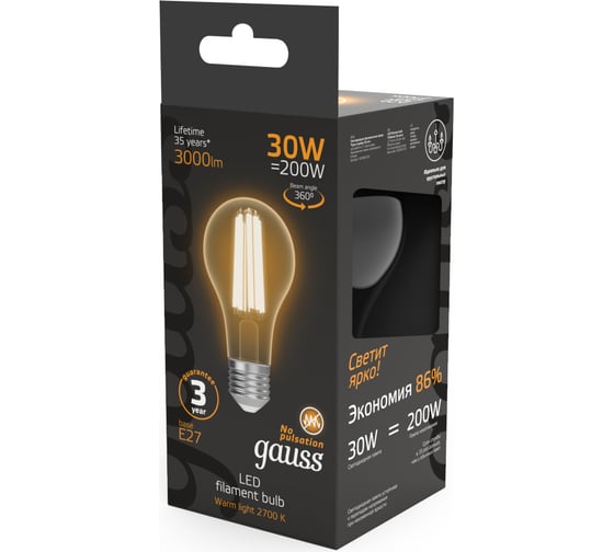 Лампа Gauss Filament А70 30W 3000lm 2700К Е27 LED 1/10/40 102902130