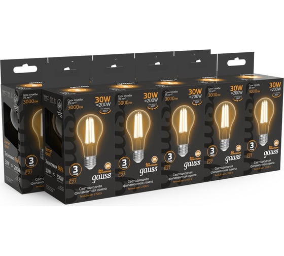 Лампа Gauss Filament А70 30W 3000lm 2700К Е27 LED 1/10/40 102902130