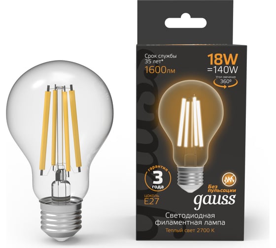 Лампа Gauss Filament А60 18W 1600lm 2700К Е27 LED 1/10/40 102902118 23563455