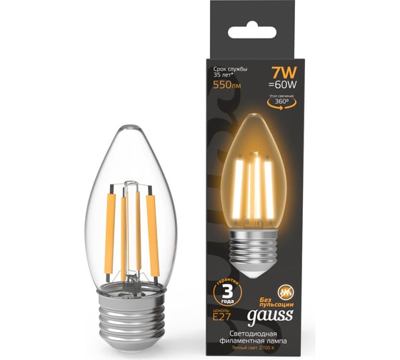 Лампа Gauss Filament Свеча 7W 550lm 2700К Е27 LED 1/10/50 103802107 1