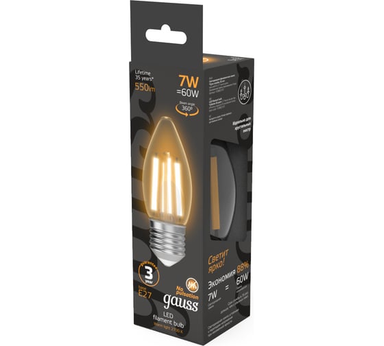 Лампа Gauss Filament Свеча 7W 550lm 2700К Е27 LED 1/10/50 103802107
