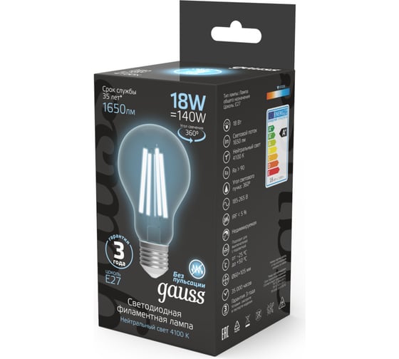 Лампа Gauss Filament А60 18W 1650lm 4100К Е27 LED 1/10/40 102902218