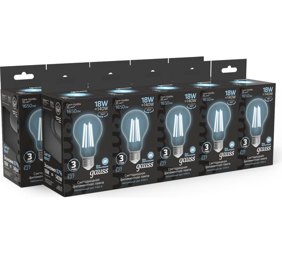 Лампа Gauss Filament А60 18W 1650lm 4100К Е27 LED 1/10/40 102902218