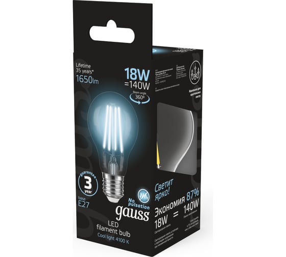 Лампа Gauss Filament А60 18W 1650lm 4100К Е27 LED 1/10/40 102902218