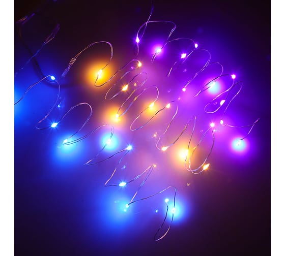 Электрическая гирлянда LED Сноубум нитка росы 1м, 10 LED, мятный, фиолетовый, шампань, питание 2xCR2032 351-692