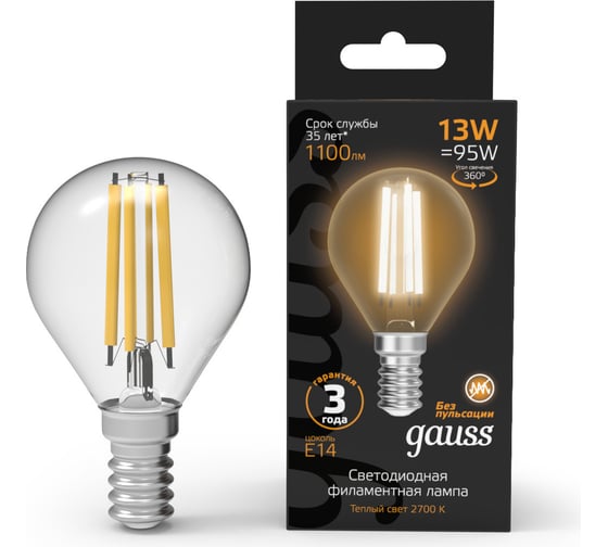 Лампа Gauss Filament Шар Е14 13W 1100lm 2700К LED 105801113 23563413