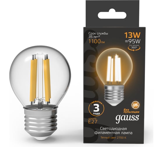 Лампа Gauss Filament Шар 13W 1100lm 2700К Е27 LED 105802113 23563419