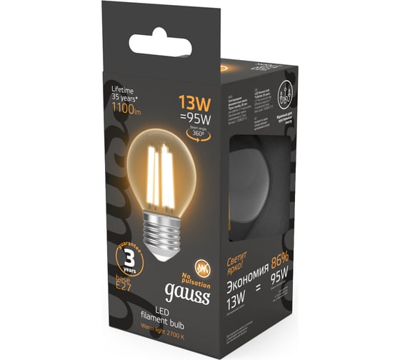Лампа Gauss Filament Шар 13W 1100lm 2700К Е27 LED 105802113