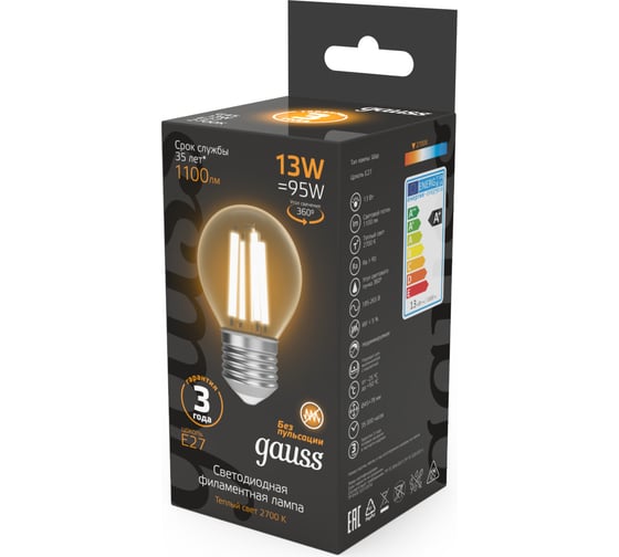 Лампа Gauss Filament Шар 13W 1100lm 2700К Е27 LED 105802113