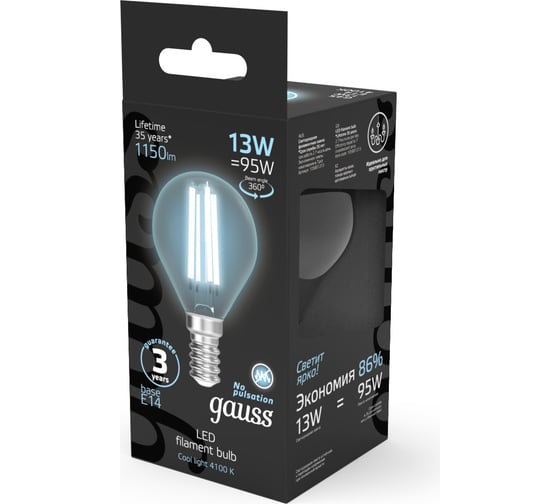 Лампа Gauss Filament Шар 13W 1150lm 4100К Е14 LED 105801213