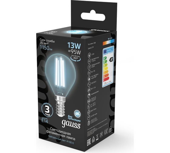 Лампа Gauss Filament Шар 13W 1150lm 4100К Е14 LED 105801213