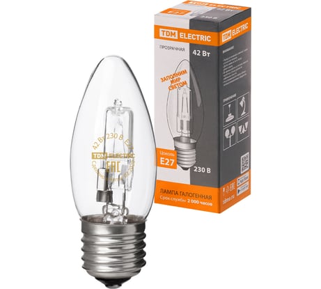 Галогенная лампа TDM ELECTRIC "Свеча" прозрачная, 42 Вт-230 В-Е27 SQ0341-0097