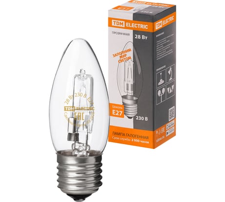 Галогенная лампа TDM ELECTRIC "Свеча" прозрачная, 28 Вт-230 В-Е27 SQ0341-0095