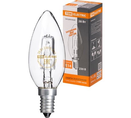 Галогенная лампа TDM ELECTRIC "Свеча" прозрачная, 28 Вт-230 В-Е14 SQ0341-0094