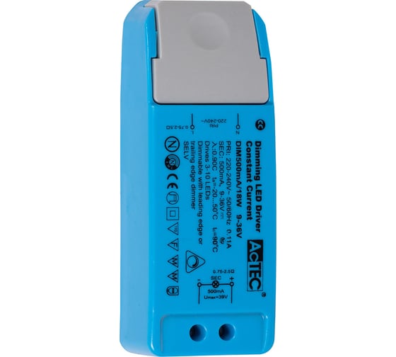 Диммируемый блок питания AcTEC 9-36В, 18Вт, IP20, 0.5A, Triac, 113x44x28мм DIM500mA/18W