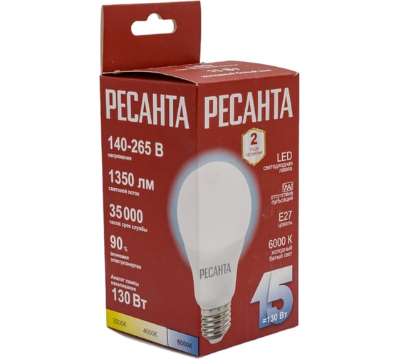 Светодиодная лампа Ресанта LL-R-A65-15W-230-6K-E27 груша, 15Вт, холодный, Е27 76/1/75