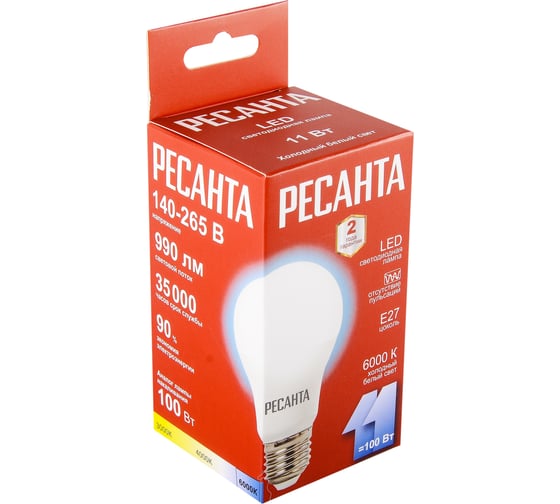 Светодиодная лампа Ресанта LL-R-A60-11W-230-6K-E27 груша, 11Вт, холодный, Е27 76/1/74