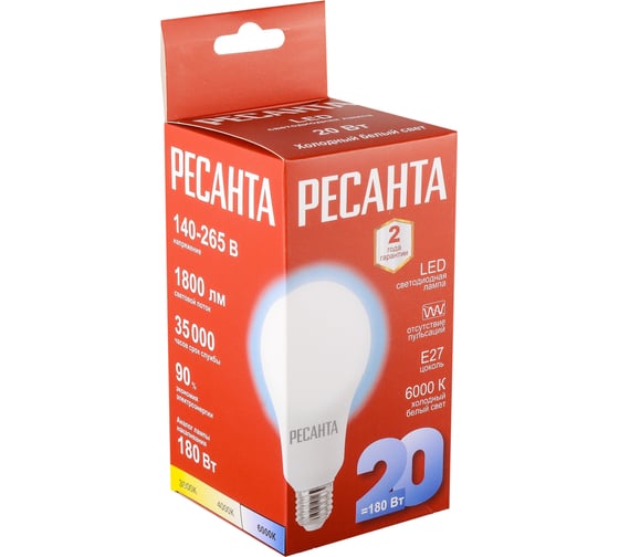 Светодиодная лампа Ресанта LL-R-A80-20W-230-6K-E27 груша, 20Вт, холодный, Е27 76/1/76