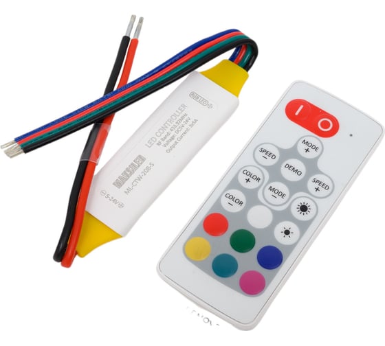 Контроллер MAKSILED RGB 5-24В, 90/180/360Вт, 3 канала х 5А, IP68, пульт, 85x21x8мм ML-CTW-208-S
