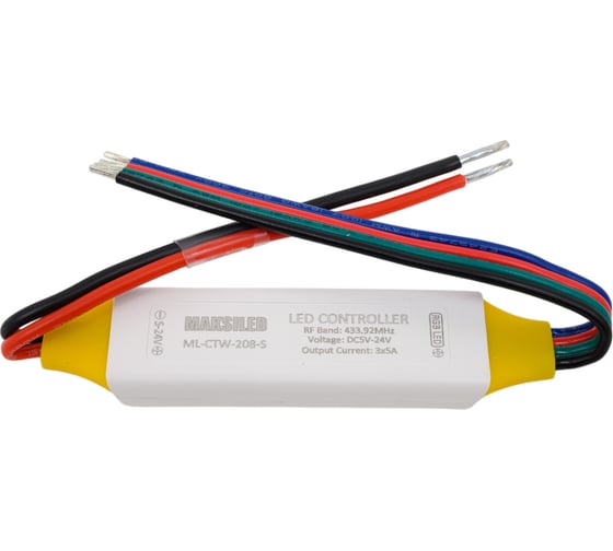 Контроллер MAKSILED RGB 5-24В, 90/180/360Вт, 3 канала х 5А, IP68, пульт, 85x21x8мм ML-CTW-208-S