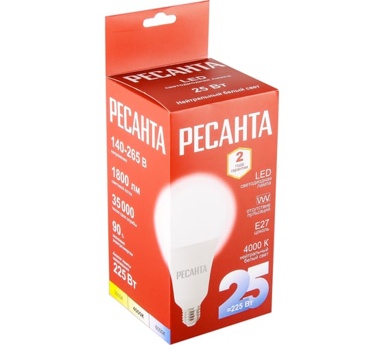 Светодиодная лампа Ресанта LL-R-A95-25W-230-4K-E27 груша, 25Вт, нейтральный, Е27 76/1/77