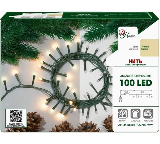 Электрогирлянда B&H Нить, 6 м, 100 теплых белых матовых светодиодов BH-HO2703-WW