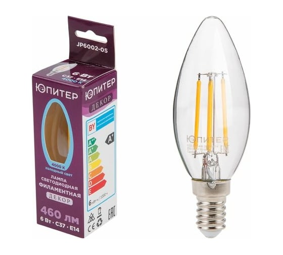 Светодиодная филаментная лампа ЮПИТЕР E14 C37 6 Вт 4000К JP6002-05 1