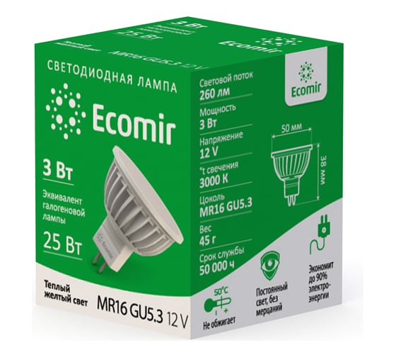 Светодиодная лампа Ecomir 3W MR16 GU5.3 12V 43071