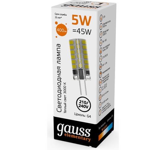Лампа Gauss elementary g4 ac210-240v 5w 400lm 3000k силикон led 1/20/200 18015