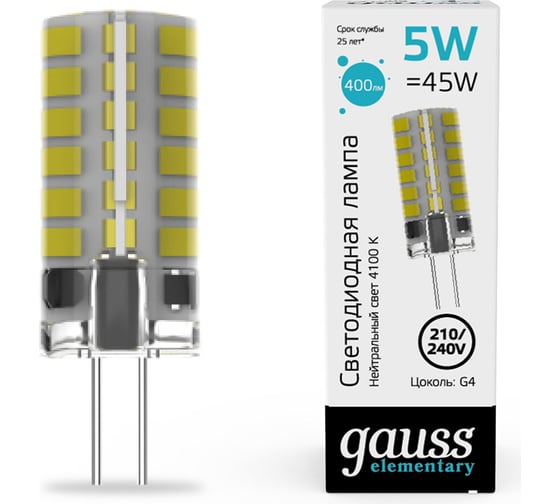 Лампа Gauss elementary g4 ac210-240v 5w 400lm 4100k силикон led 1/20/200 18025