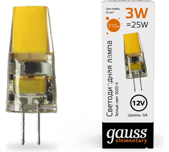 Лампа Gauss elementary g4 12v 3w 250lm 3000k силикон LED 18713