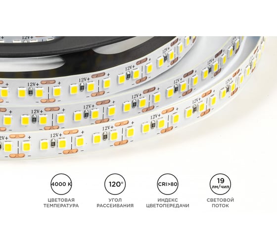 Светодиодная лента OGM 12В, 14,4Вт/м, smd2835, 180д/м, ip20, 19лм/чип, подложка 10мм, 5м, 4000к. / LSE-263