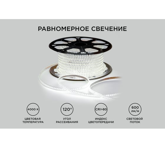 Светодиодная лента OGM 220В, 7Вт/м, smd2835, 120д/м, ip65, 600Лм/м, 13x7мм, 50м, 4000к / O17-08