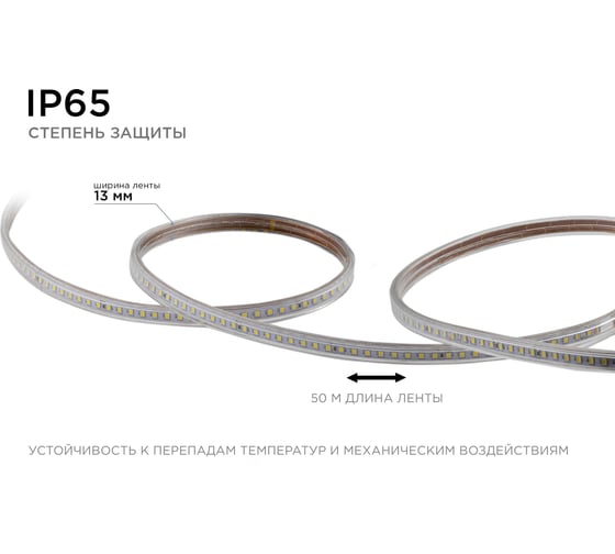 Светодиодная лента OGM 220В, 7Вт/м, smd2835, 120д/м, ip65, 600Лм/м, 13x7мм, 50м, 4000к / O17-08