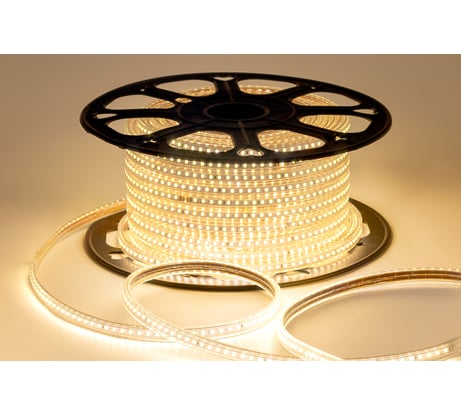 Светодиодная лента OGM 220В, 7Вт/м, smd2835, 120д/м, ip65, 600Лм/м, 13x7мм, 50м, 3000к / O17-07