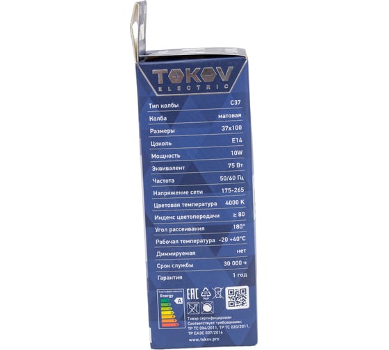 Светодиодная лампа TOKOV ELECTRIC 10Вт С37 4000К Е14 176-264В TKE-C37-E14-10-4K