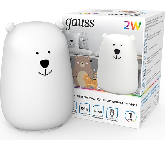 Настольный светодиодный детский ночник Gauss 2w rgb, li-ion, usb кабель, медведь NN302