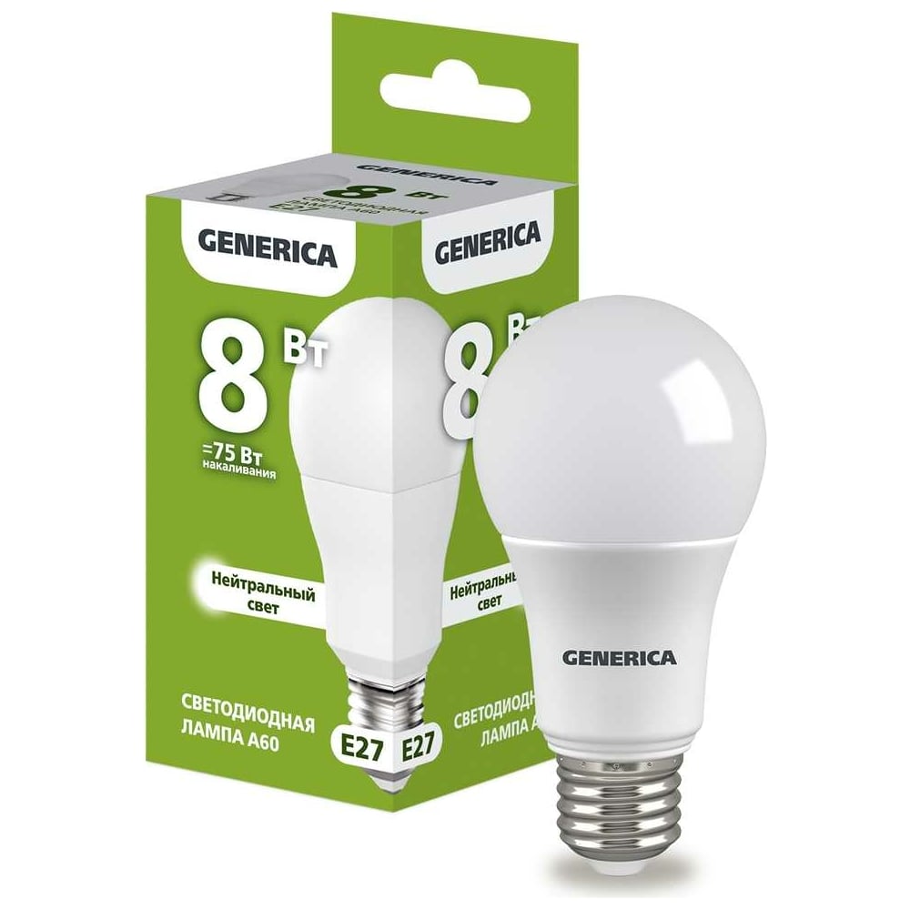 СветодиоднаялампаGENERICAA60груша8Вт230В4000КE27LL-A60-08-230-40-E27-G