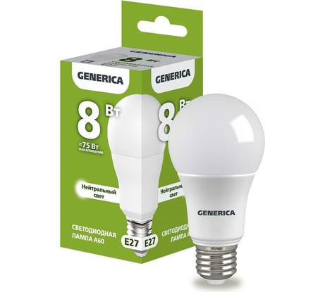 Светодиодная лампа GENERICA A60 груша 8Вт 230В 4000К E27 LL-A60-08-230-40-E27-G