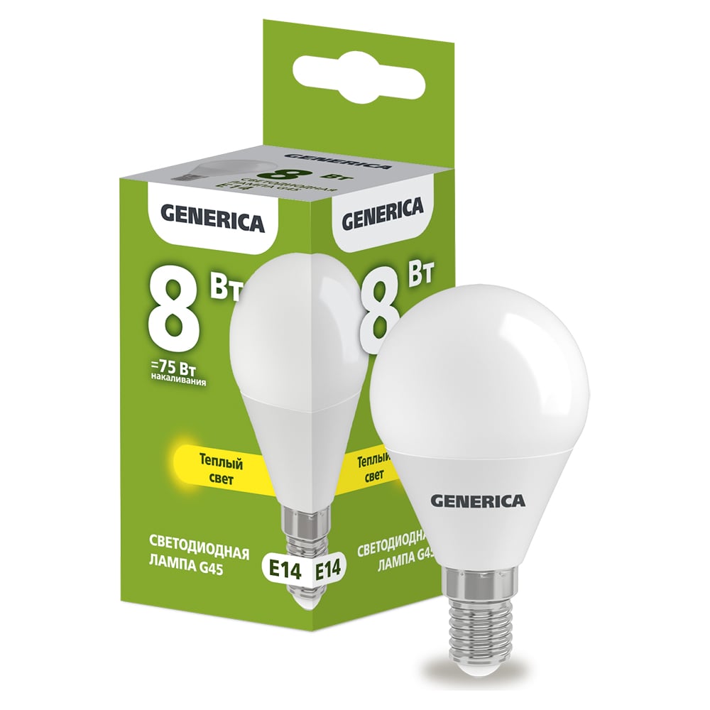 СветодиоднаялампаGENERICAG45шар8Вт230В3000КE14LL-G45-08-230-30-E14-G