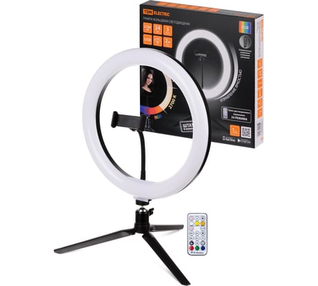 Лампа кольцевая светодиодная 30 см, 16 Вт, 2700-6400 К+RGB TDM ELECTRIC, штатив настольный, диммер, ПДУ, USB SQ0373-0303