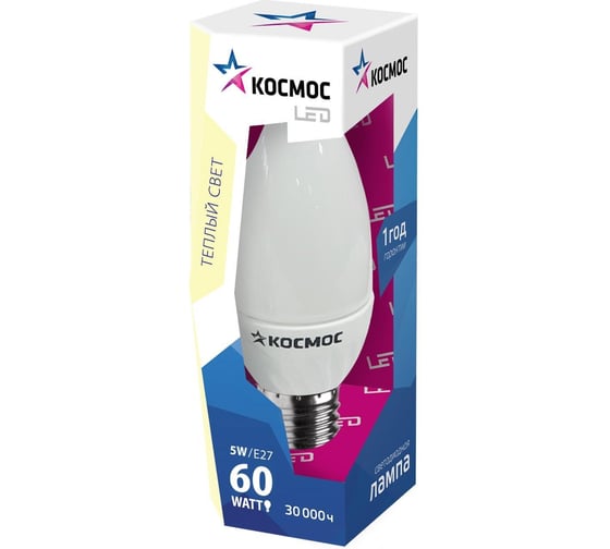 Светодиодная лампа КОСМОС LED CW 5Вт 220В E27 3000K Lksm LED5wCWE2730 285377