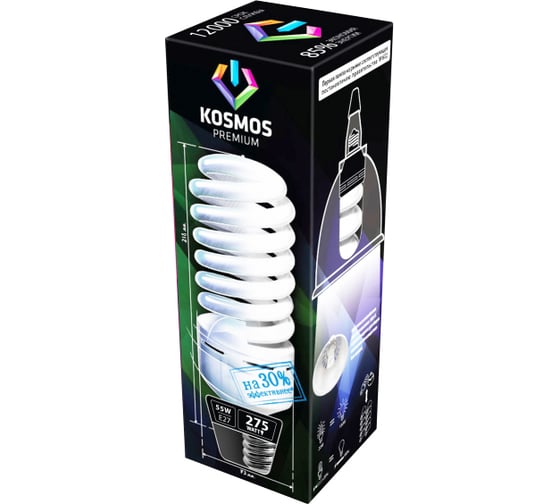 Компактная энергосберегающая лампа КОСМОС SPC 55W E27 4000K T4 KOST4SPC55WE2742PR